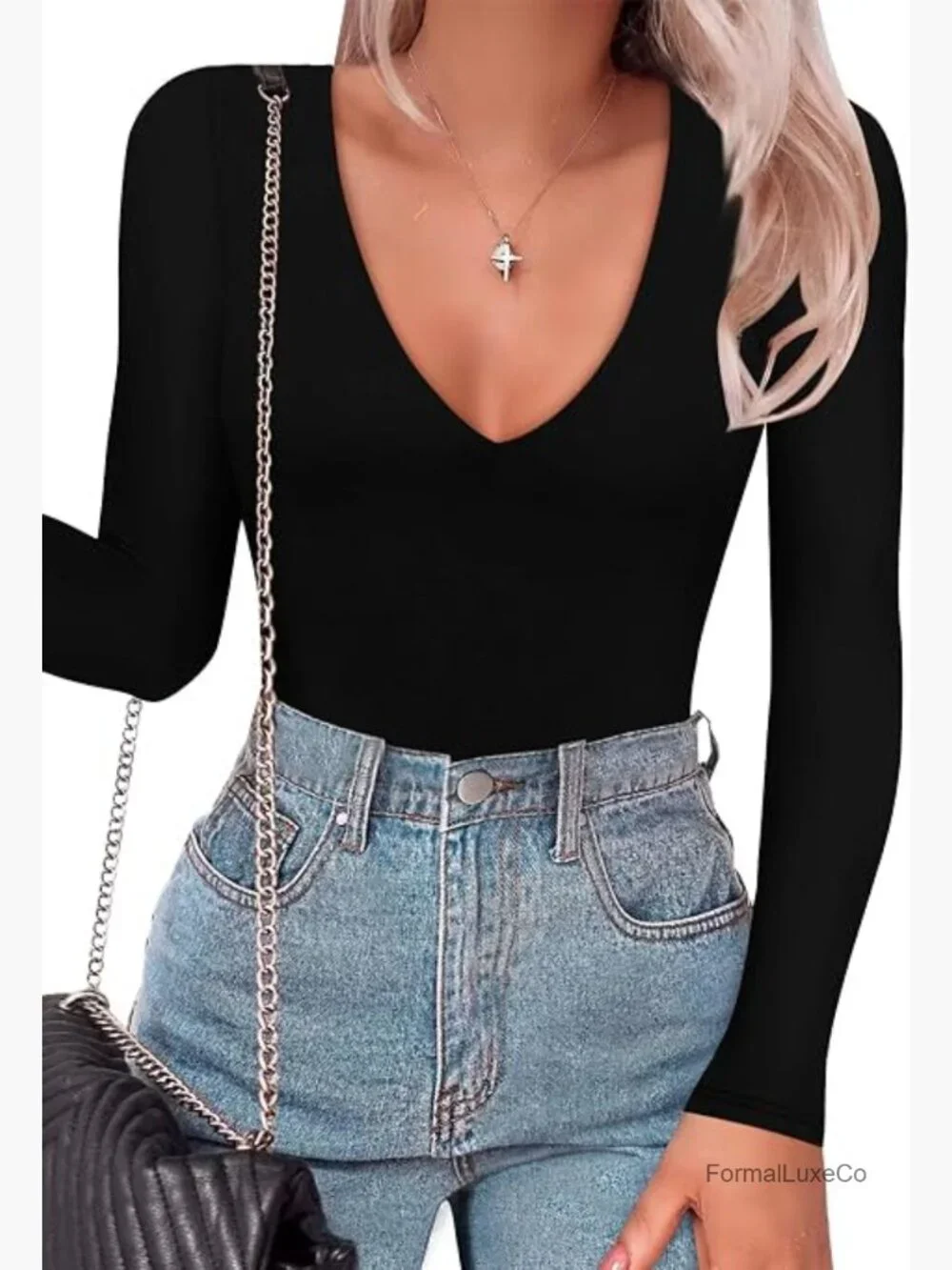 Women's Plunge Deep V Neck Long Sleeve Bodysuit Double Lined Thong Bodysuit Top
